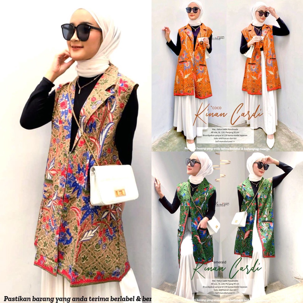 PREMIUM Cardi Kinan Coco Batik Bunga Cap Lawasan Outer Style Casual Saku Coklat Handmade Jumbo Masayu Blazer Tanpa Lengan Vest Motif Klasik Palmia