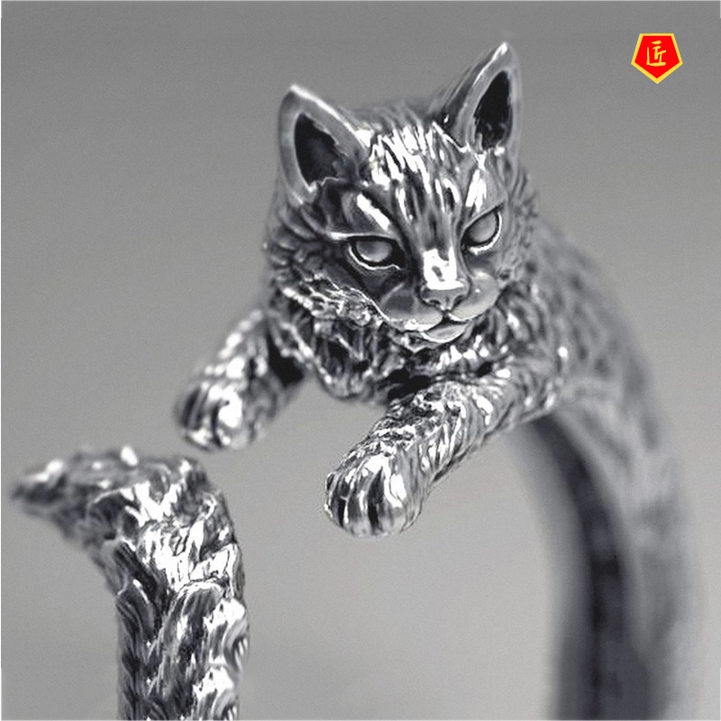 [Ready Stock]Women's S925 Silver Black Retro Cute Cat Ring