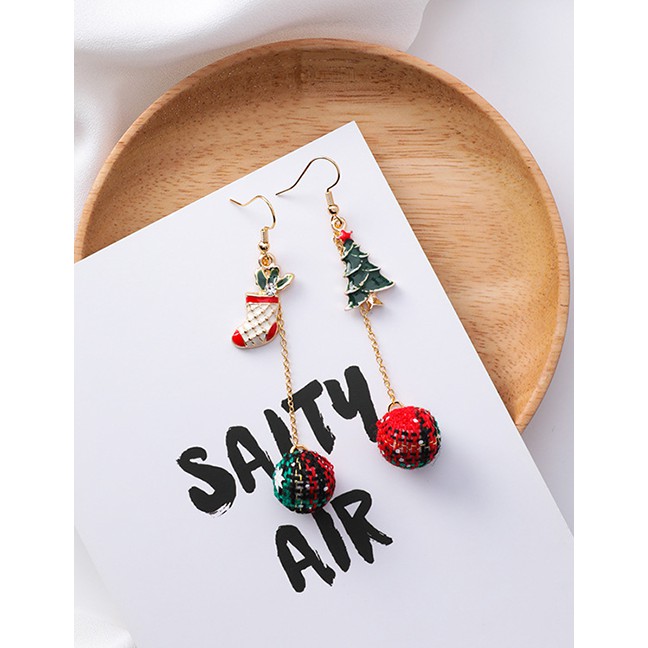 LRC Anting Gantung Fashion Red+green Round Shape Decorated Earrings