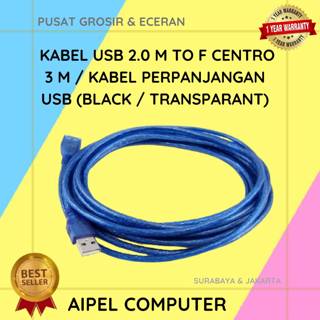 AFC3 | KABEL USB 2.0 MALE TO FEMALE CENTROO 3 M / KABEL PERPANJANGAN USB (BLACK / TRANSPARANT)