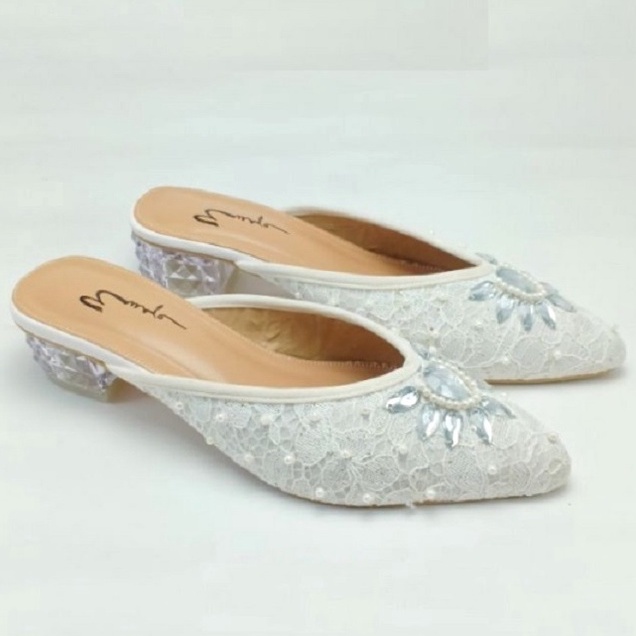 SEPATU SANDAL SELOP PENGANTIN PESTA PERNIKAHAN BRUKAT PAYET PUTIH WHITE WANITA UKURAN BESAR JUMBO BI