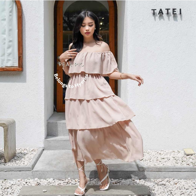 HYERIES Lia sabrina midi dress / Dress casual wanita / Sabrina Dress / Off shoulder Dress / Ruffle Dress / Dress wanita korea / Dress kondangan / Short Sleeve A line midi / Dress panjang lengan pendek / Dress jumbo bigsize / Dress Pantai / Summer Dress