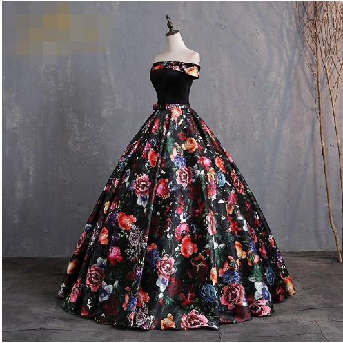 Gaun Pengantin Vintage Floral Hitam Boat Neck wedding dress satin