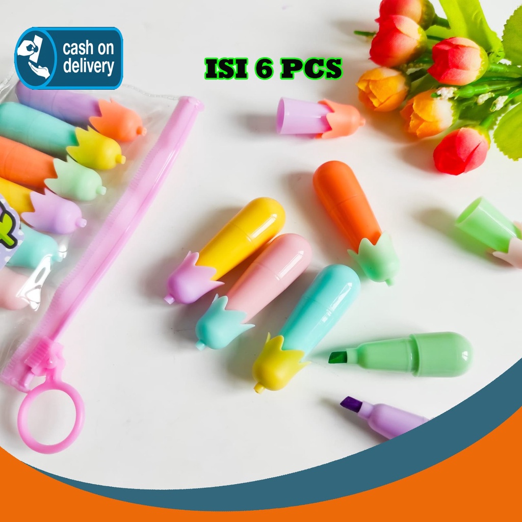 

HIGHLIGHTER BENTUK TERONG 1 BOX ISI 6 PCS ALAT TULIS UNIK SPIDOL WARNA WARNI PASTEL STABILO