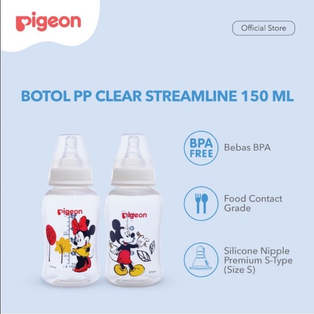 BOSU313 PIGEON BOTOL SUSU  PP CLEAR STREAMLINE MICKEY, MINNIE 150ML