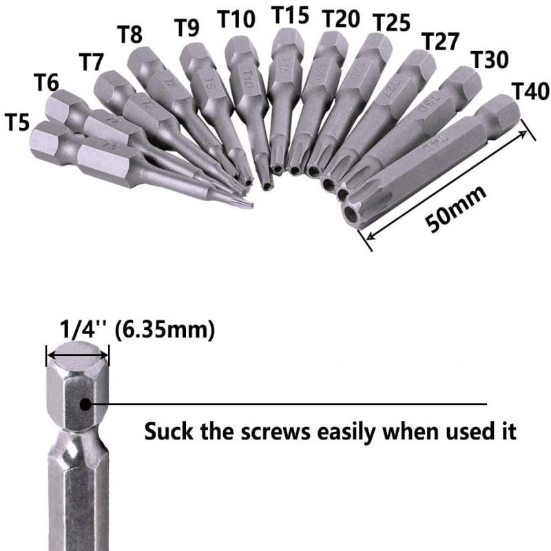 12PCS Mata Obeng Torx/Mata Obeng Bintang/Hex Shank T5-T40 5cm Untuk Alat Pertukangan Bits