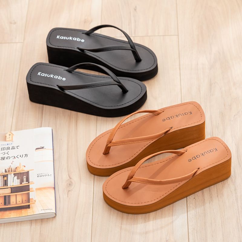 Senfu Sandal Jepit Wanita In Tide Musim Panas Baru Permukaan Kulit Non-Slip Clip-On Sandal dan Sandal Sepatu Hak Baji Tebal Bawah Pantai Tarik Pakaian Luar