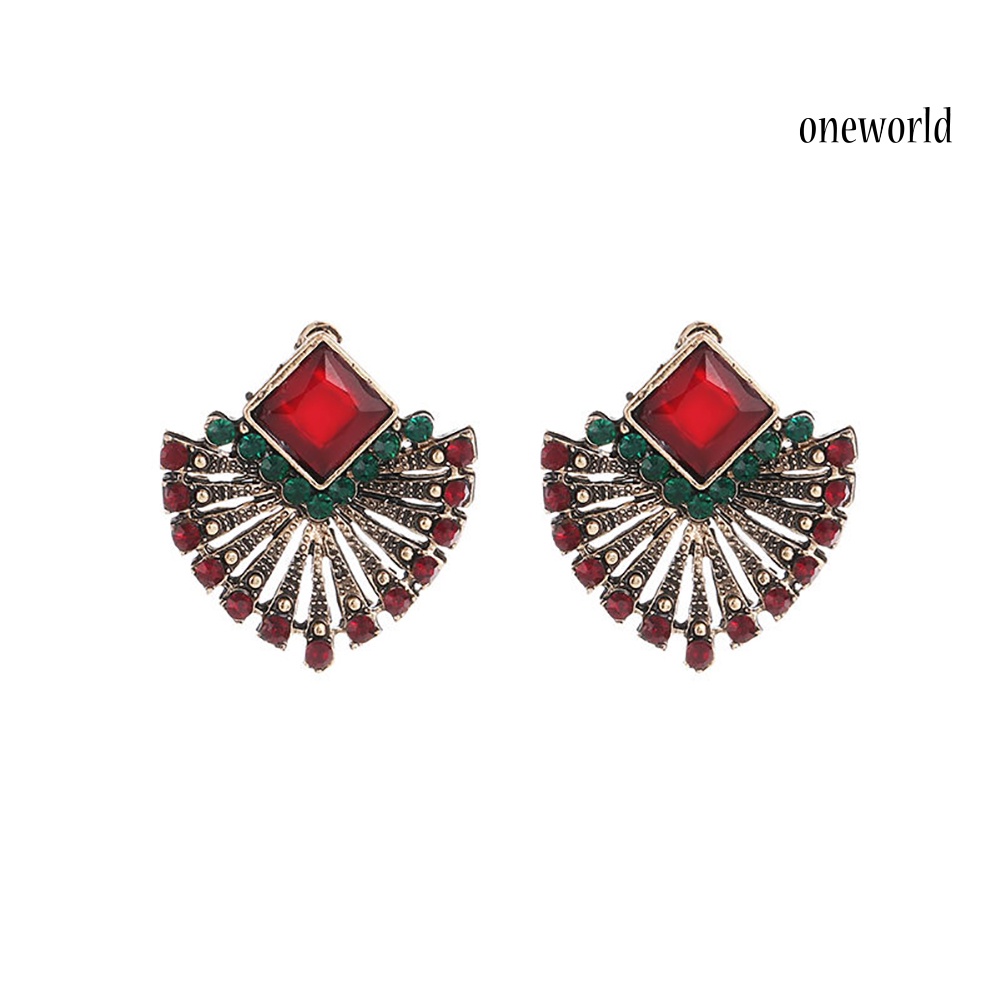 OW@ Women Vintage Ethnic Style Rhinestone Earrings Fan-Shaped Bohemian Ear Stud Gift