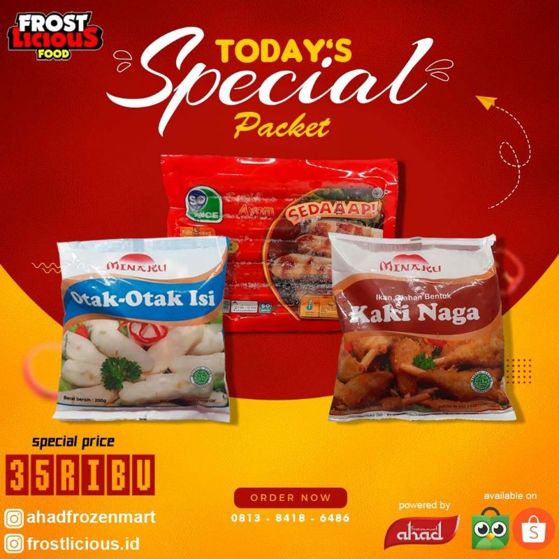 

Paket Hemat Spesial Frozen Food So Nice Sosis Ayam 375gr Minaku Otak otak Kaki Naga