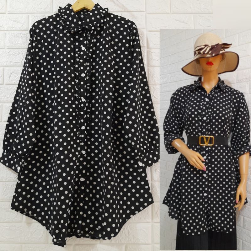 TUNIK WANITA FASHION TERBARU PAKAIAN CEWEK JUMBO BIG SIZE MOTIF POLKADOT LD.110CM XXL