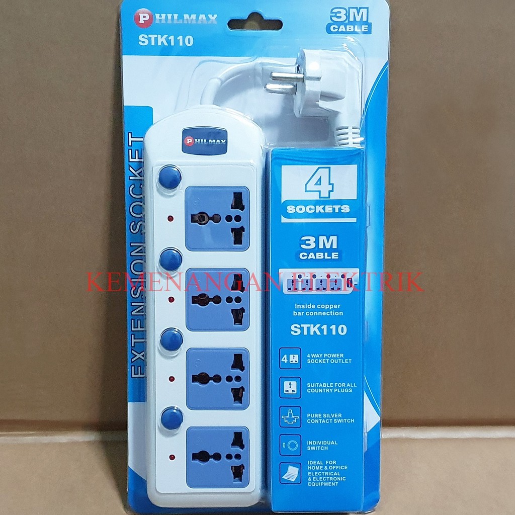 PHILMAX STOP KONTAK 4 LUBANG / COLOKAN KABEL 4 SOCKET + SWITCH / SAKLAR KABEL 3M STOPKONTAK 3 METER / COLOKAN LAMPU MASING MASING SWITCH 4 LOBANG 3METER