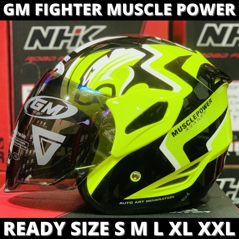 Helm GM Fighter Muscle Power Yellow Fluo Half Face Single Visor - Helem Motor SNI DOT Touring Dewasa