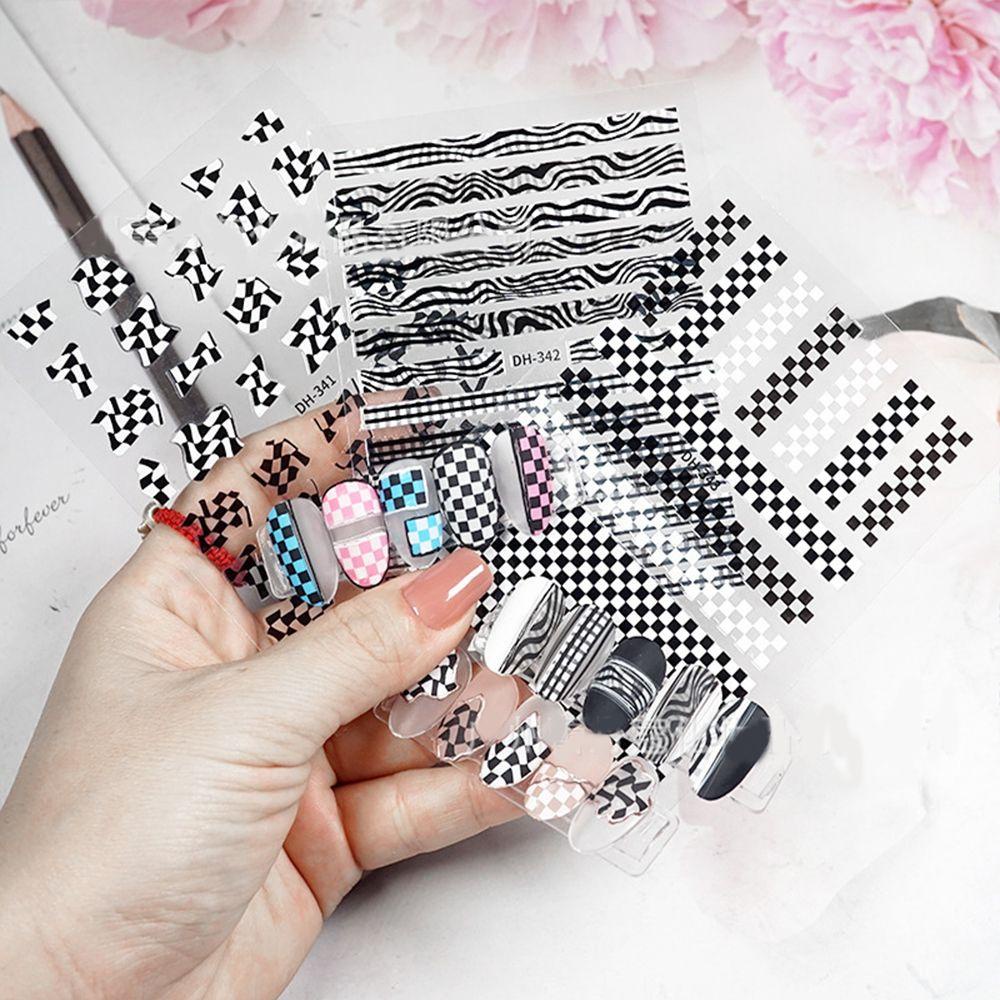 AUGUSTINA Agustinina Self-adhesive Nail Decals Checkerboard Sederhana Nail Art Dekorasi Nail Art Slider DIY Stiker Kuku Nail Art Decals Manicuring Sticker