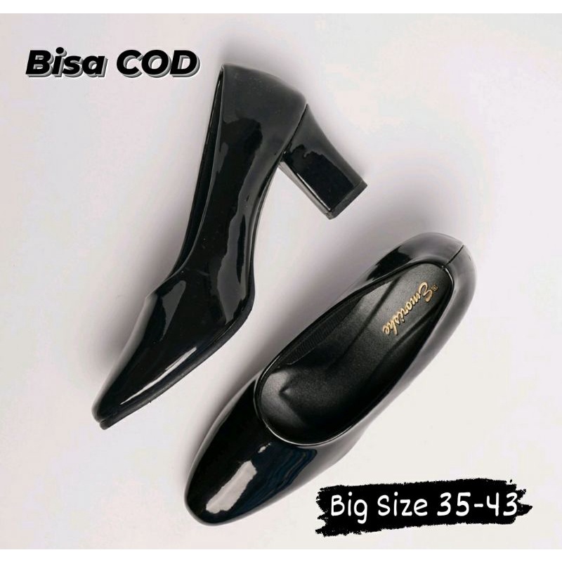 OXFORD Wanita Big Size 35-43 / Higheels Pegawai Kantoran Kulit Glosy Hitam / Heels 7cm Pesta JUMBO Turis Cewe Bule, 43