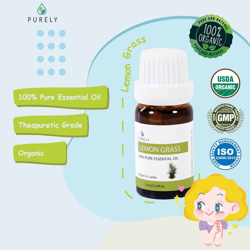 PURELY Lemon Grass essential oil dapat digunakan oleh anak-anak dan ibu hamil, Therapeutic-Grade 10m