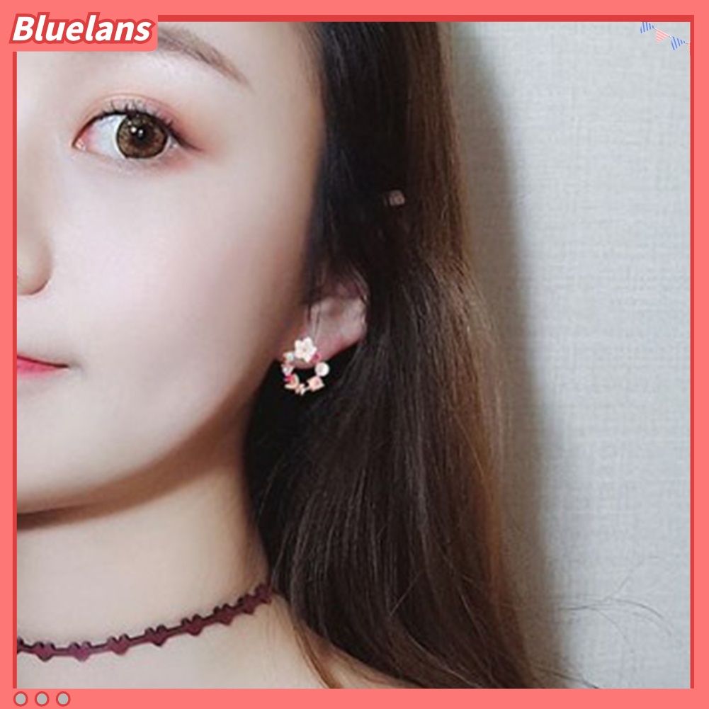 Bluelans Women Flower Circle Heart Waterdrop Faux Pearl Rhinestone Inlaid Stud Earrings