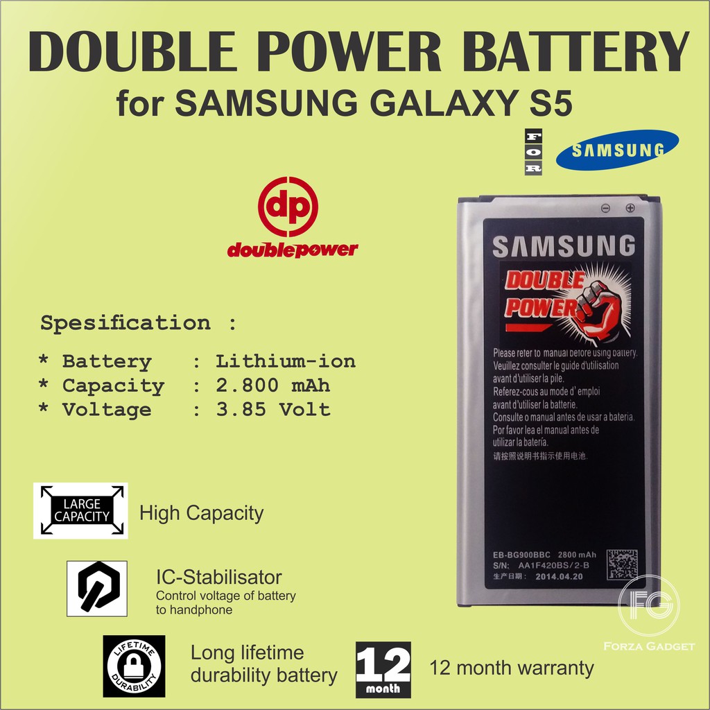 BATTERY DOUBLE POWER SAMSUNG GALAXY S5 i 9600 2800MAH