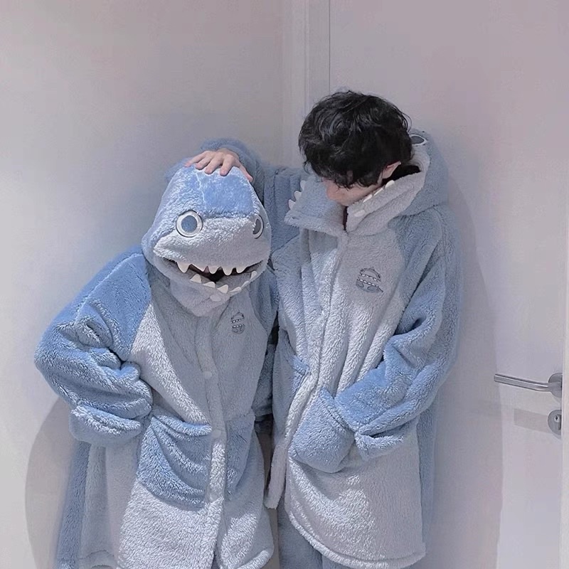 Pajamas set import korea piyama atasan celana 1 set wanita pria oversized baju tidur big size onesie shark hiu couple jumbo hangat winter