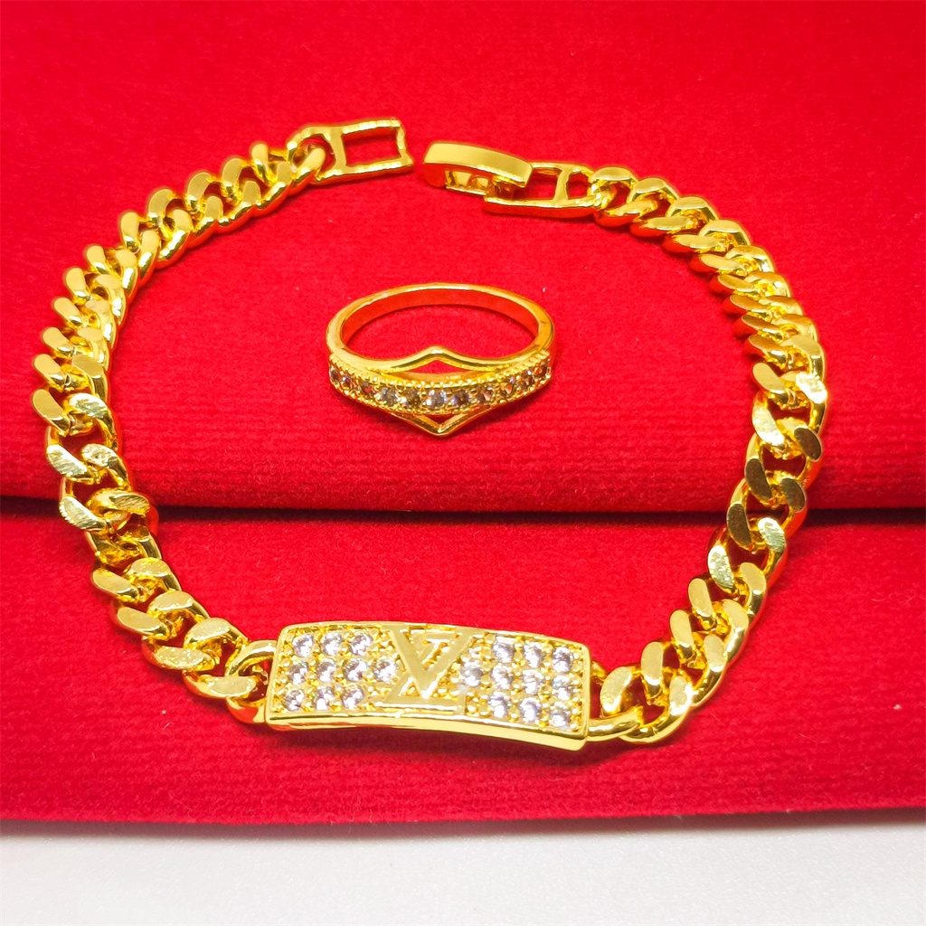 xuping set Gelang Tangan Bangle+Cincin 24K emas