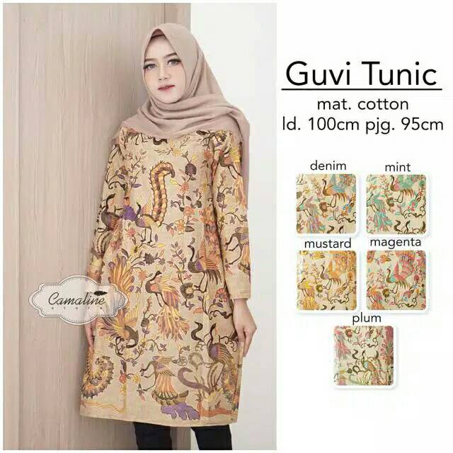 GUVI TUNIC LONG BLOUSE MERAK CENDRAWASIH BATIK WARNA GADING PAPUA DRESS SERAGAM KERJA KANTOR WANITA