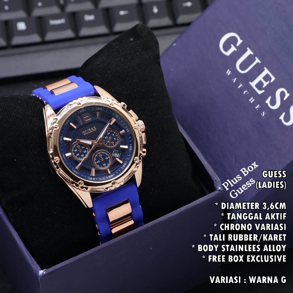 (FREE BOX) JAM TANGAN WANITA GUESS TALI RUBBER BODY BULAT TANGGAL AKTIF CHORNO VARIASI