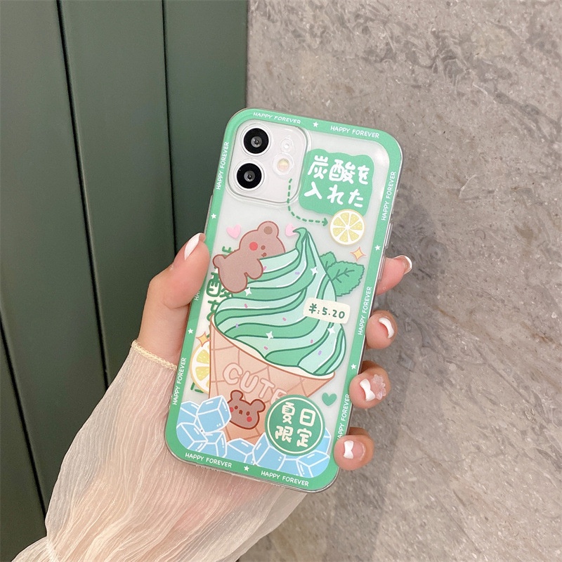 IPHONE Musim Panas Hijau Minum Es Krim Perlindungan Penuh Transparan Phone Case Cover Untuk Iphone6 6s 78 PLUS X XR XS 11 12 13 PRO MAX SE 2020