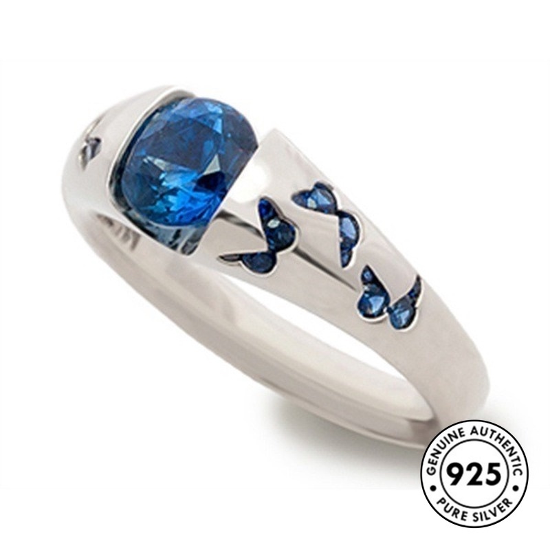 Cincin S925 Silver Desain Kupu-Kupu Laut Biru Aksen Berlian