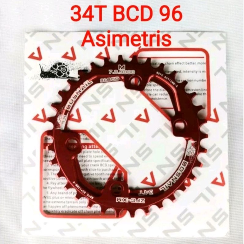 Snail Chainring 34T BCD 96 Asimetris Narrow Wide Chain ring Crank arm Sepeda Merah