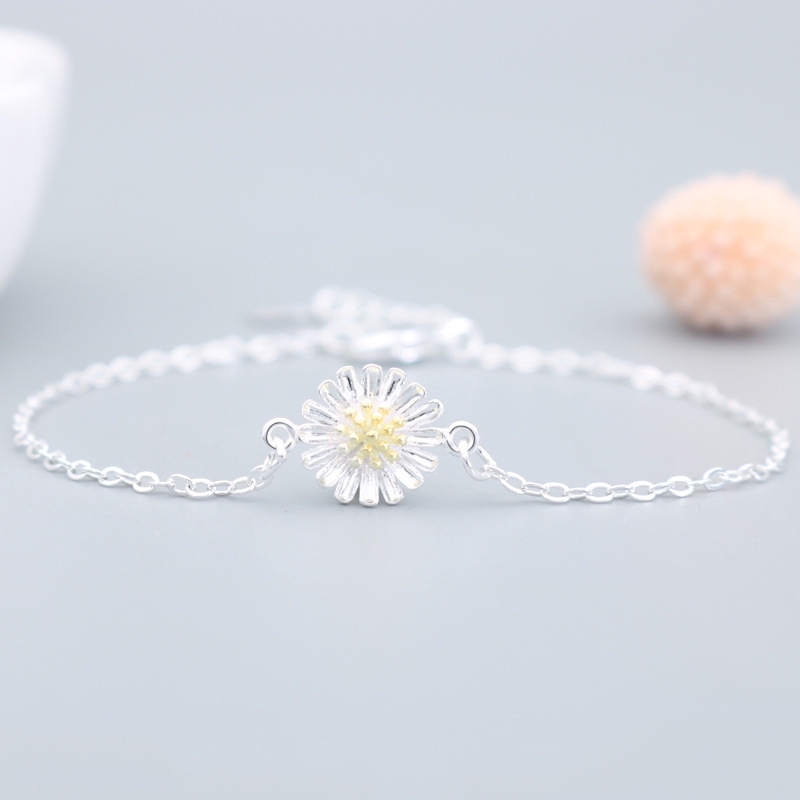 Kalung Cincin Gelang Fashion Daisy Flower Silver Necklace Ring Bracelet Women Jewelry Set Accessories Gifts