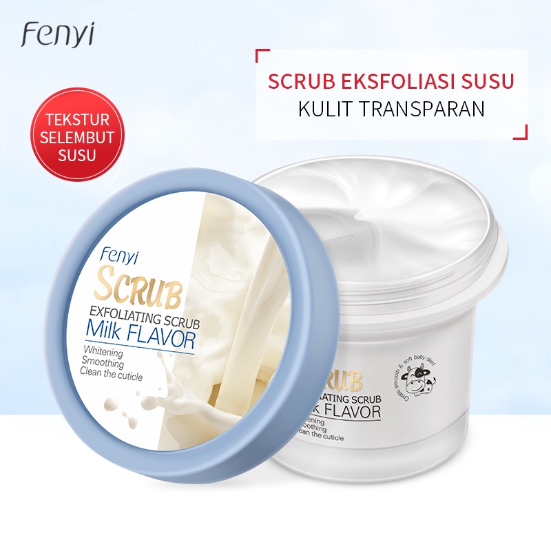 BPOM Fenyi Milk Body Scrub Eksfoliasi Lengan dan Kaki Krim Mencerahkan Menutrisi Membersihkan dengan Lembut 100g