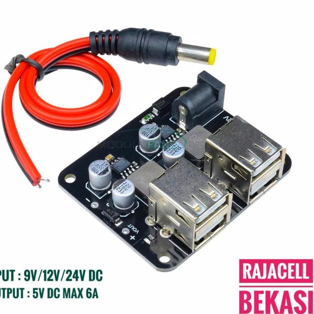 Module Charger 4 USB 5V 6A Step-down dari Aki 9V 12V 24V ke 5V DC