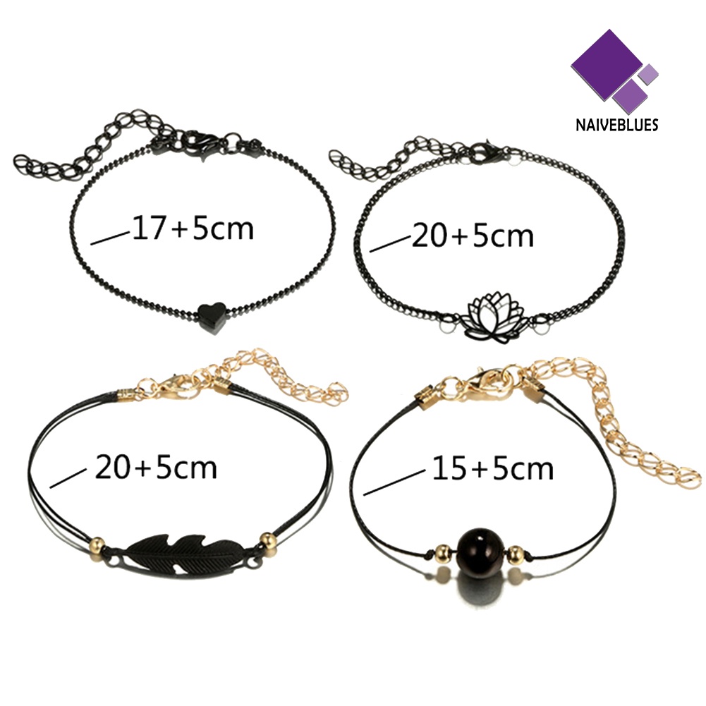 Naiveblue 4Pcs / Set Gelang Tangan Rantai Fashion Aksen Hati / Lotus / Bola / Daun Untuk Perhiasan Wanita