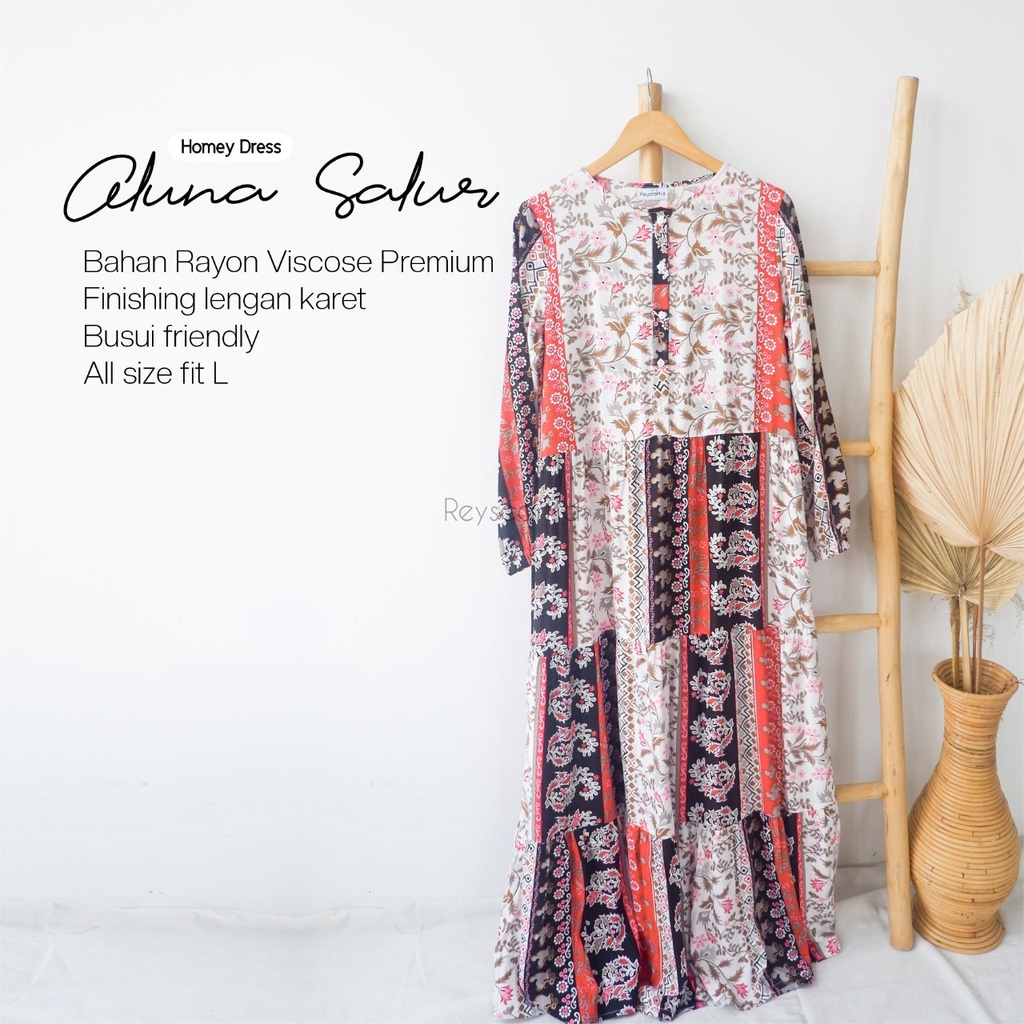 Homey Dress Aluna Salur By Reyscarf.id - Gamis Dewasa Bahan Rayon Viscose Premium Adem Nyaman Dipakai - Bisa COD