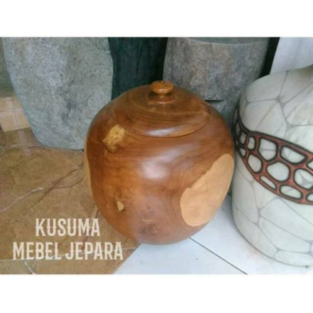 Guci Gentong Hias Pajangan Ruangan Kayu Jati Natural - Tinggi 55cm