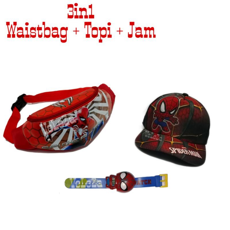 Waist bag anak spiderman bonus topi + jam tangan