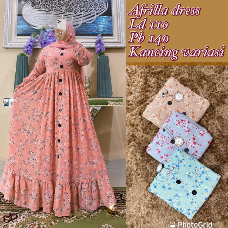 Gamis Motif Bunga Floral Ceruty Babydoll Premium Mewah Rempel Bawah Ori By Frilla Collection