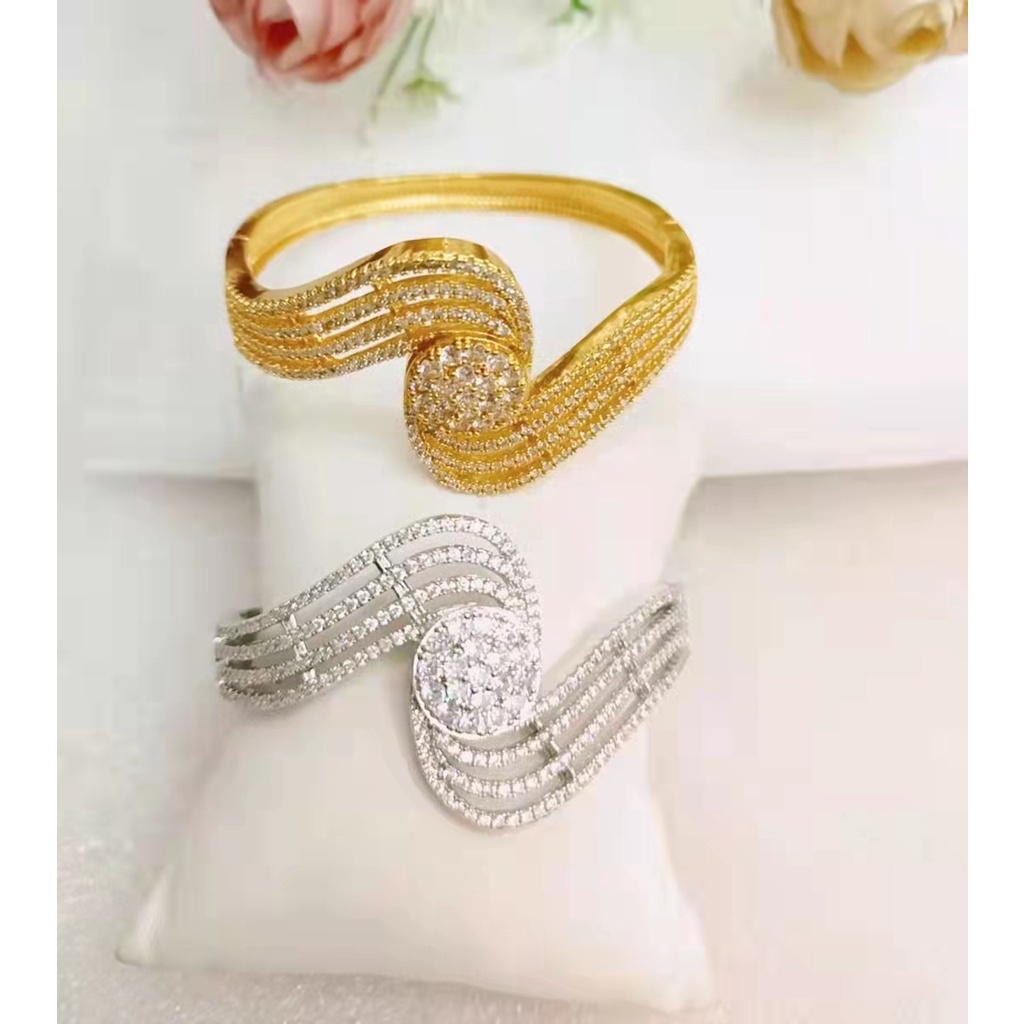 Set Perhiasan Xuping Gelang Dan Cincin Permata putih/hitam Lapis Emas