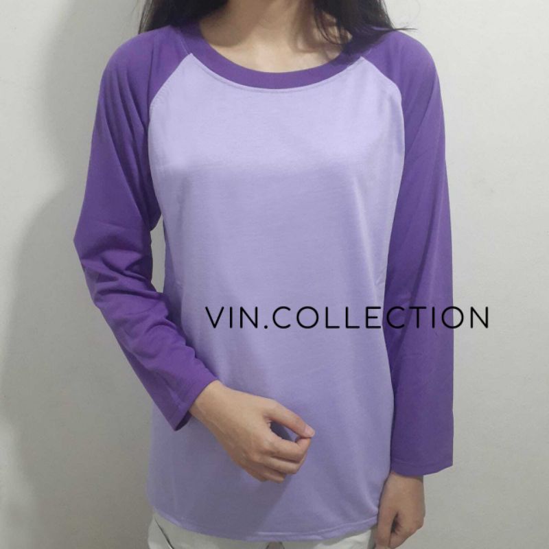 kaos raglan pria wanita - ungu muda tangan ungu tua