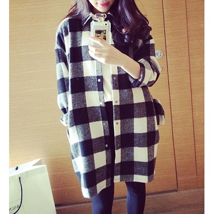 Kemeja Hitam Putih Kotak Style Korea Baju Wanita Motif Unik Artis
