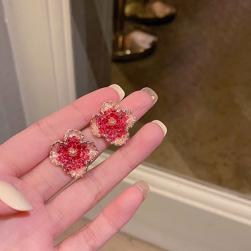Anting Stud Silver Needle S925 Bentuk Bunga Camellia Warna Merah Untuk Wanita