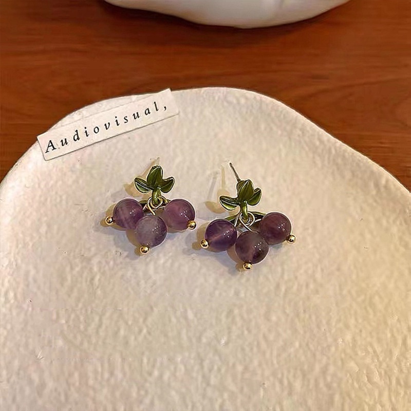 Anting Tusuk Gantung Desain Buah Anggur / Daun / Bola Kristal Ungu Gaya Vintage Reflektif Untuk Wanita