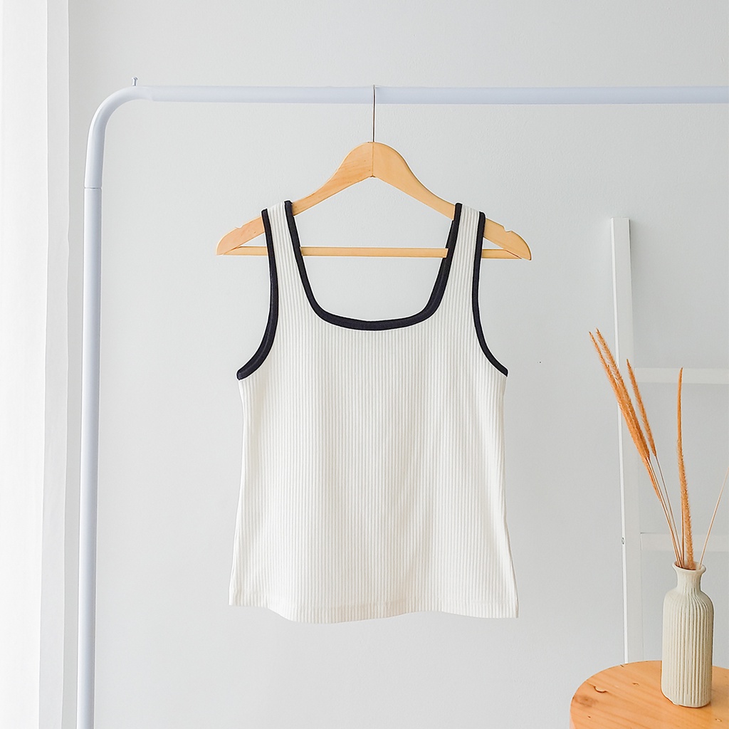 Isla Basic Tanktop Thick Strap Square Neck Stretch - Tanktop Kekinian - Pakaian Wanita - Inner - Singlet - Tank top-WHITE W/ BLACK LINE