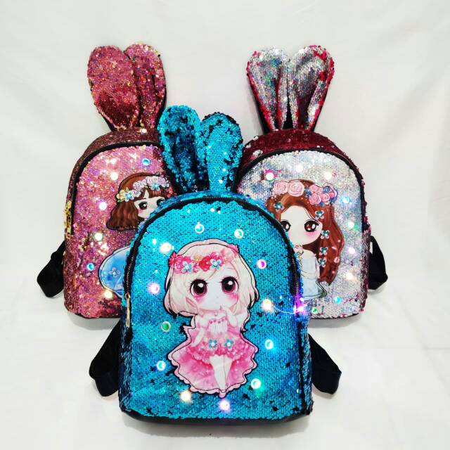  TAS  RANSEL SEQUIN  KARAKTER LOL  PRINCESS TELINGA 2 LED 