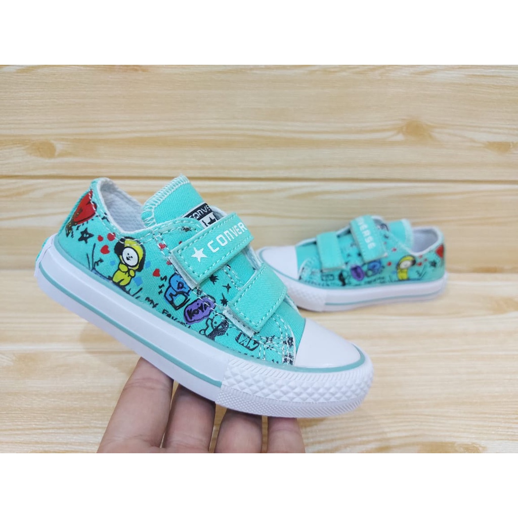 SEPATU SNEAKERS ANAK PEREMPUAN | SEPATUA ANAK PEREMPUAN | SEPATU ANAK USIA 1 2 3 4 5 6 7 | SEPATU ANAK KARAKTER BTS/BT21 WARNA HIJAU TOSCA SIZE 21-35