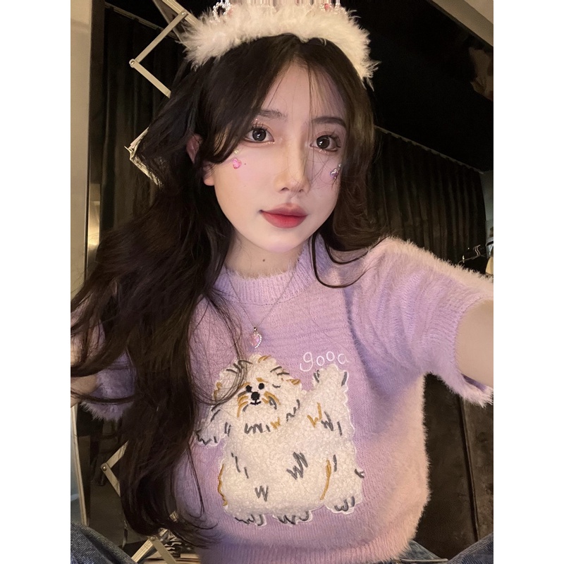 #Sisjuly# Wanita Murni Desire Lengan Pendek Sweater Rajut Wanita Musim Panas Pendek Gadis Panas Keta