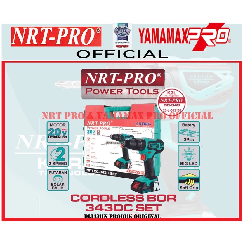 NRT-PRO 343 DC Bor Cordless Drill Baterai Tangan Beton Impact Tembok 20 V 20V Paket Set Mesin DC343 