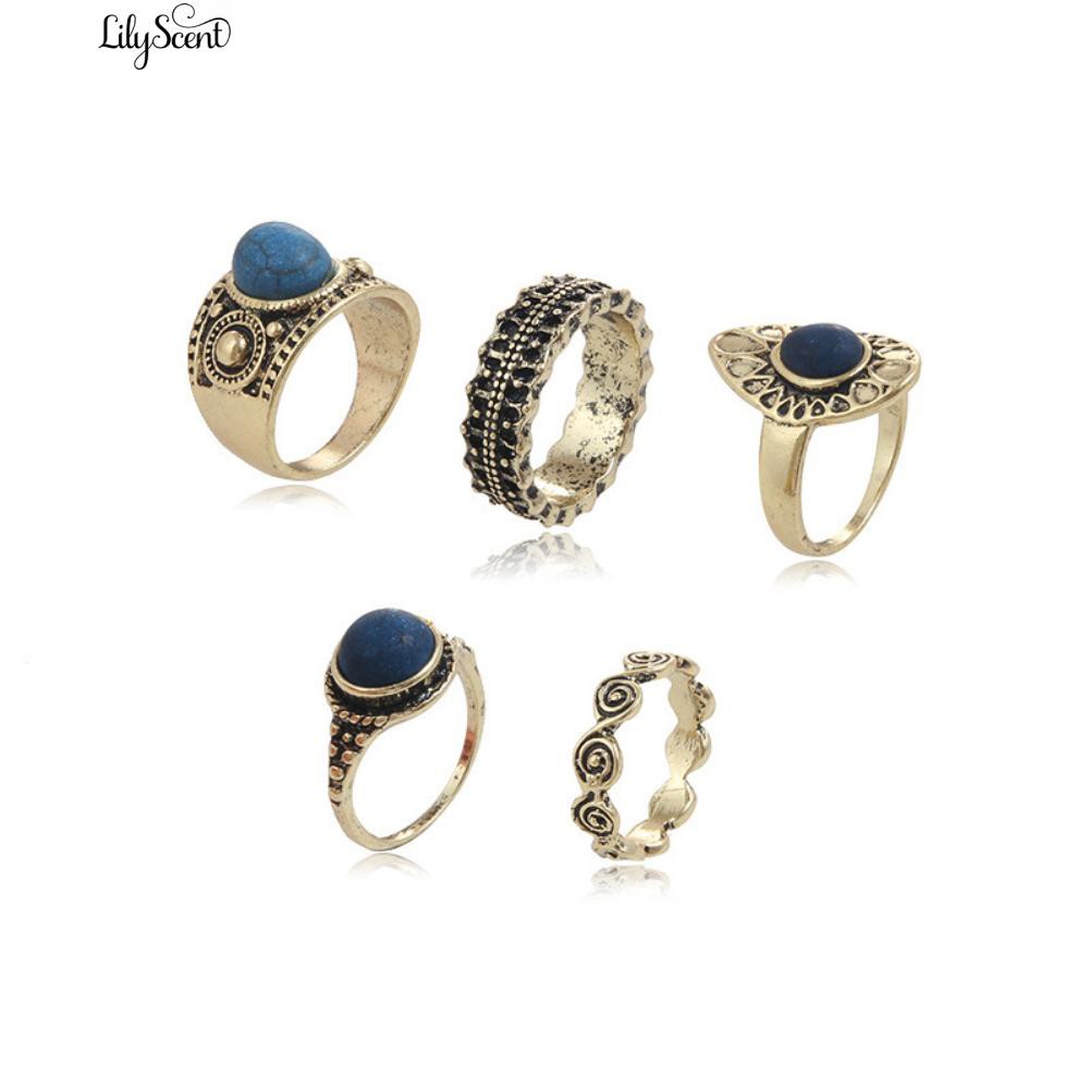 [Bayar Di Tempat]5 Pcs / Set Bohemian Vintage Biru Batu Paduan Cincin Jari Perhiasan Wo Menawan