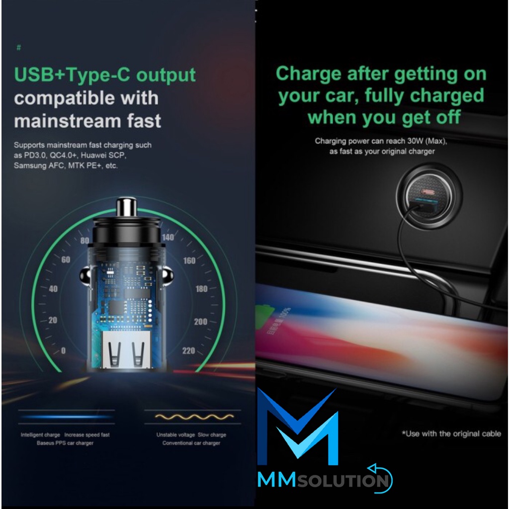 Baseus Car Charger Dual Port 5A 30W PPS PD QC 4.0 Fast  Usb &amp; Type C ORIGINAL