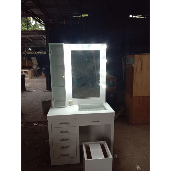 meja rias makeup tolet lampu laci kaca + bangku bahan kayu triplek