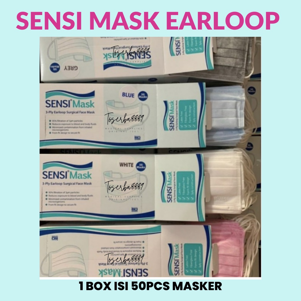 Sensi 3Ply Earloop Surgical Face Mask 50PC Original 100% Warna-Warni